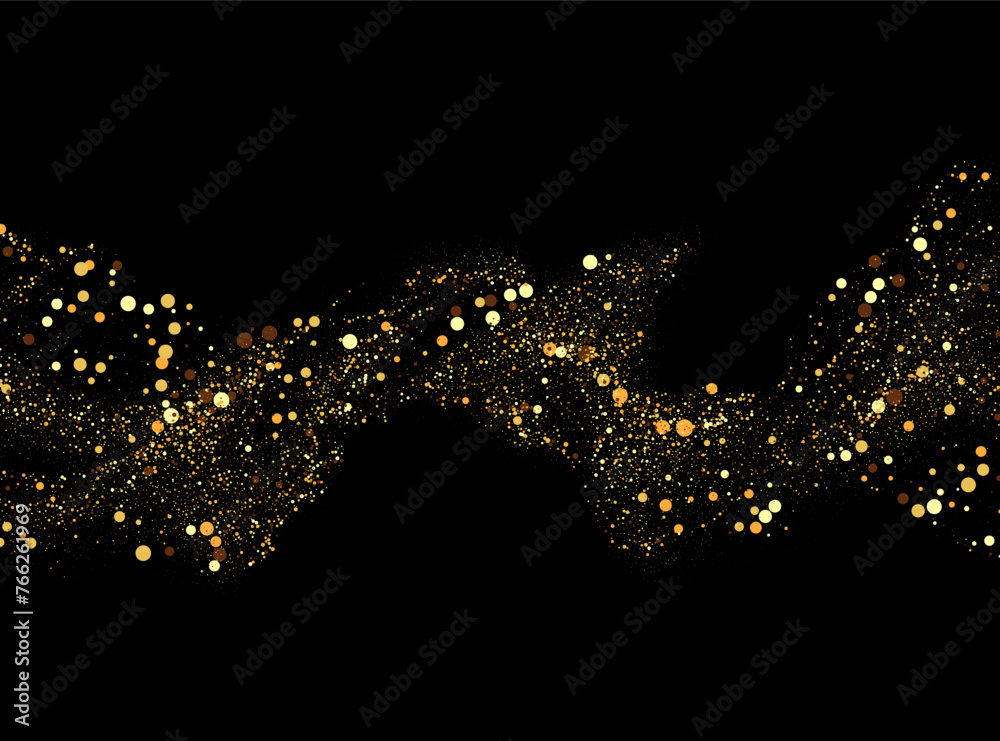 Poster sparkling stardust. golden shiny magic vector waves with golden particles isolated on black backgrou