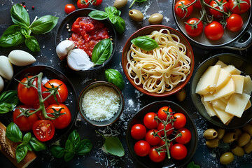 A variety of ingredients for an Italian menu of fresh tomatoes and basil, olives and cheese are located on a dark surface. Concept: food for gourmets and lovers of Mediterranean cuisine. - Powered by Adobe