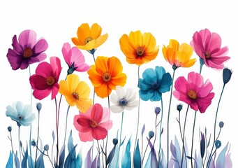 Vibrant and colorful assortment of blue, pink, yellow and orange flowers on a white background