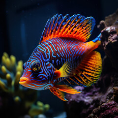 Dive into the vivid world of marine life with this stunning image of a rock beauty fish swimming gracefully in a vibrant coral reef. AI generative