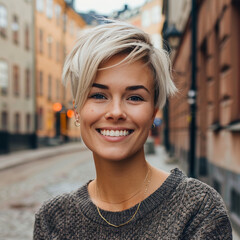 Portrait of beautiful blonde scandinavian  woman model on the street of  Stockholm  - obrazy, fototapety, plakaty
