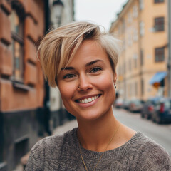 Portrait of beautiful blonde scandinavian  woman model on the street of  Stockholm  - obrazy, fototapety, plakaty