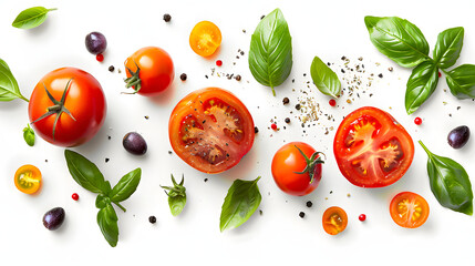 Collection of fresh organic tomatoes and basil herb leaves. mediterranean salad with basil herbs and tomato on a white table. PNG Food background design element with real transparent shadow on transpa