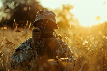 A soldier in camouflage uniform, holding a vintage film camera, stands in a field of golden grass at sunset. The warm sunlight creates a glowing, vintage look, symbolizing courage and strength - obrazy, fototapety, plakaty