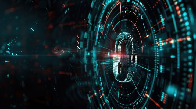 Image of digital data processing and security padlock over black background. Global connections, technology and digital interface concept digitally generated image.