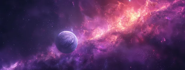 Foto op Canvas A planet amidst vibrant purple cosmic clouds illuminated by distant stars, showcasing the mesmerizing beauty of the universe. © Valeriy