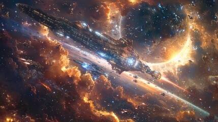 Dramatic Interstellar Spacecraft Surging Through Vibrant Cosmic Explosion in Majestic Celestial Landscape - obrazy, fototapety, plakaty