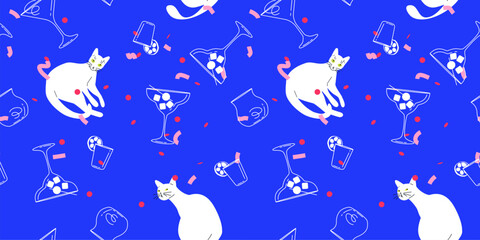 Seamless cat pattern. Cocktail party repeating texture. White cats and margarita, tequila and whiskey glasses vector illustration. Colourful confetti. Wrapping paper template. Birthday background.