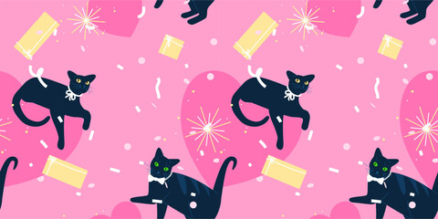 Love cats seamless pattern. Event celebration repeating texture. Funny black cats, presents, confetti and hearts vector illustration. Wrapping paper template. Valentine's day background.