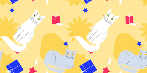 Party cat seamless pattern. Event celebration repeating texture. Funny cats sitting, presents and abstract forms vector illustration. Wrapping paper template. Birthday or new year background.