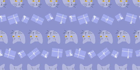 Seamless cute birthday cat pattern. Repeating texture with heads and presents. Simple wrapping paper template. Birthday or new year celebration background.