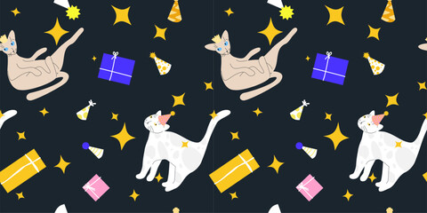 Party cat seamless pattern. Event celebration repeating texture. Funny cats, presents and birthday hats vector illustration. Sparkling stars. Wrapping paper template. Christmas background.