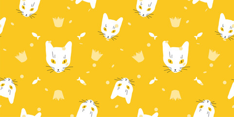 Seamless cute cat prince pattern. Repeating texture with kitty head, confetti and crown. Adorable wrapping paper template. Birthday festive background.