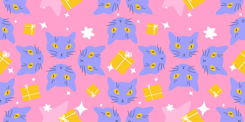 Seamless cute birthday cat pattern. Repeating texture with presents, stars and hats in modern colour combination. Adorable wrapping paper template. Birthday or new year celebration background.