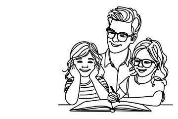 one continuous black line drawing young father teaching or helping his little daughter doing homework outline doodle vector illustration on white background