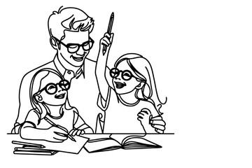 Fototapeta na wymiar one continuous black line drawing young father teaching or helping his little daughter doing homework outline doodle vector illustration on white background