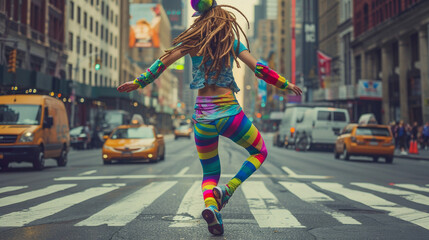 Dancing in the streets of New York. Cheerful woman dancing modern dance on the street
