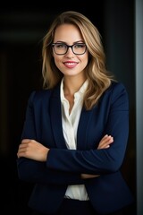 Woman in glasses and business suit crosses arms, exudes confidence