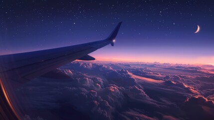 Twilight Ambience Above the Clouds from Airplane Window. Generative AI.