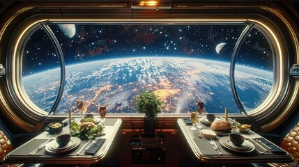 Dining with a Cosmic View:Gazing at Earth from a Futuristic Space Station Window - obrazy, fototapety, plakaty