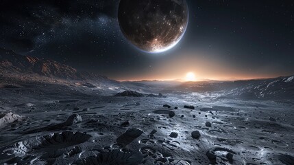 Otherworldly Cosmic Landscape with Crescent Moon Rising Over Rugged Mountains and Starry Sky