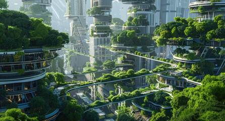 A futuristic cityscape with greenery covered buildings, walking paths and electric vehicles on flying bridges. In the background is an urban landscape of tall skyscrapers and lush trees - obrazy, fototapety, plakaty