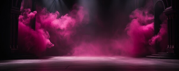 Smoky magenta pink purple Light Shapes in the Dark,on the empty stage - obrazy, fototapety, plakaty