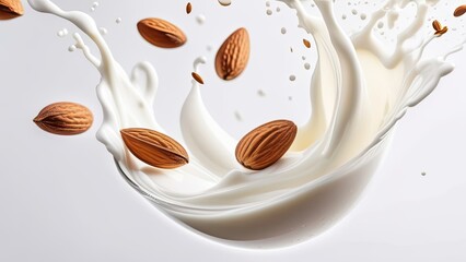 Almond nuts falling into almond splash isolated on white baclground.