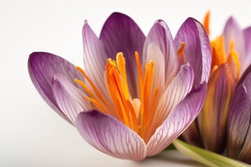 Purple crocus flower. A close-up of a blooming purple crocus with orange stamen isolated on a white...