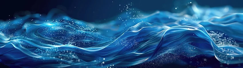 Fotobehang A blue abstract wave background,Abstract digital background. Space filled with polygons and dots. 3D wave. rendering.Abstract blue wave background, glowing lines texture   © Sana