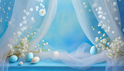 Dekoracja na Wielkanoc, kartka wielkanocna, niebieskie tło, puste miejsce na tekst, życzenia