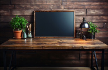 Empty blackboard on wooden table with green plants