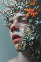 Close up portrait of a man with coral and seaweed on his head underwater in the ocean