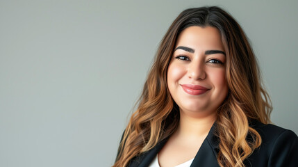 Beautiful Plus Size Arab Woman at Office, Casual Clothes. Confident, Outgoing, Smiling. Successful Business Person, Educated Professional. Equality, Diversity at Work, International Company, Career.  - obrazy, fototapety, plakaty