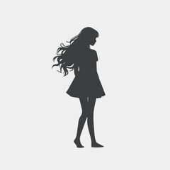 Vector illustration silhouette of girl, black and white, flat art, avatar, girl walking, walk.