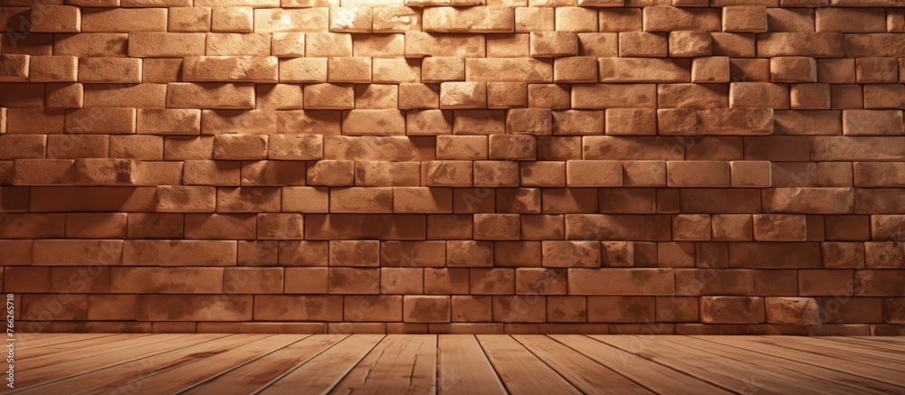 Canvas Prints brown wood flooring laid in front of a brick wall. the rectangular pattern of the brickwork contrast