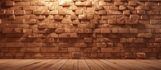 Brown wood flooring laid in front of a brick wall. The rectangular pattern of the brickwork contrasts with the smooth texture of the floor