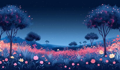 Nighttime serenity Tranquil scene of trees, flowers, and starry sky in the darkness of night
