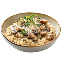 front view of Risotto ai Funghi with creamy mushroom risotto, garnished with Parmesan cheese and fresh herbs isolated on a white transparent background