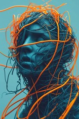 Woman entangled with orange and blue wires, concept of technology and connection in modern society