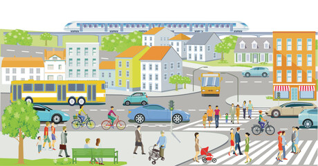 Stadtbus und Fußgänger im Ort mit Autos, Illustration