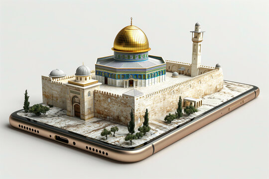 An AI generative image of Al-Aqsa Mosque and Dome of rock appear on smartphone.