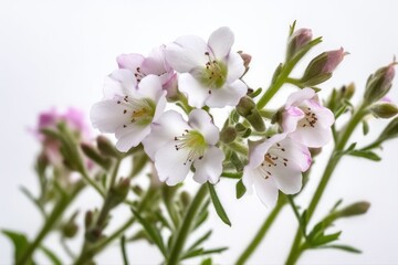 A close-up of blooming cuckoo flowers (Cardamine pratensis) isolated on a white background. Selective focus.