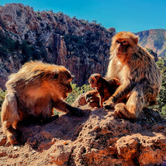 Family of Barbary Macaques Gathering on a Rocky Outcrop in Mountainous Terrain