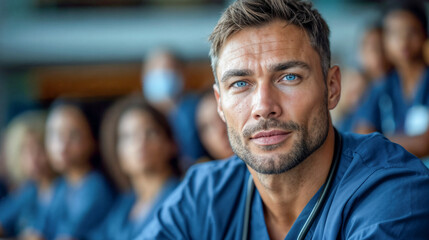 Fototapeta premium Focused Male Doctor at Multicultural Medical Seminar