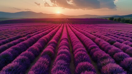 Lavender Field at Sunset - obrazy, fototapety, plakaty