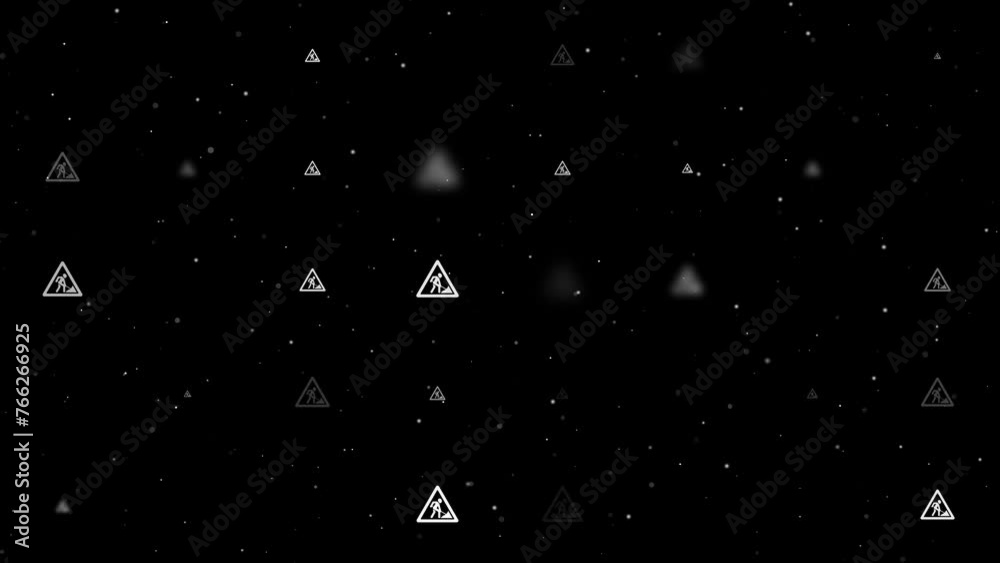 Poster template animation of evenly spaced road work signs of different sizes and opacity. animation of tra
