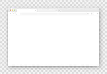 An empty browser window in white on a transparent background. Website layout with search bar, toolbar and buttons. Vector illustration.