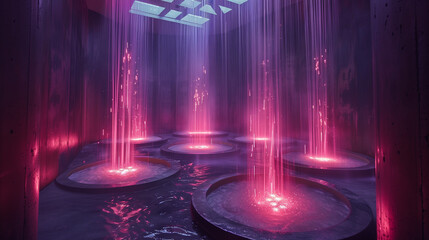 Neon-lit showers in a modern spa setting.