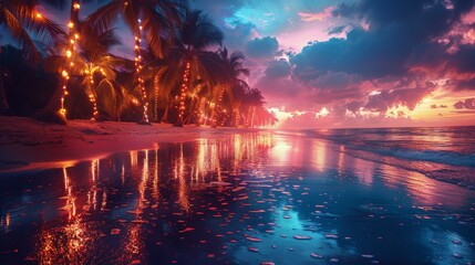 Palm Trees and Lights Reflected in Beach Water